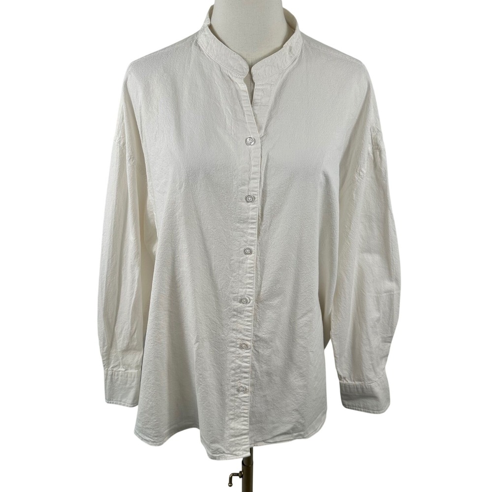 66girls White Button Down Shirt Womens OS Mandarin Collar 100% Cotton Long Top